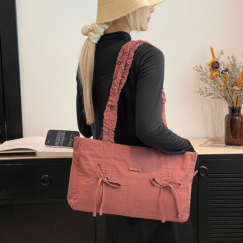 Colorful Fox Han So-hee Style Sweet Fresh Pleated Bowknot Single Shoulder Women's Bag Large Capacity Drawstring ddmymoon