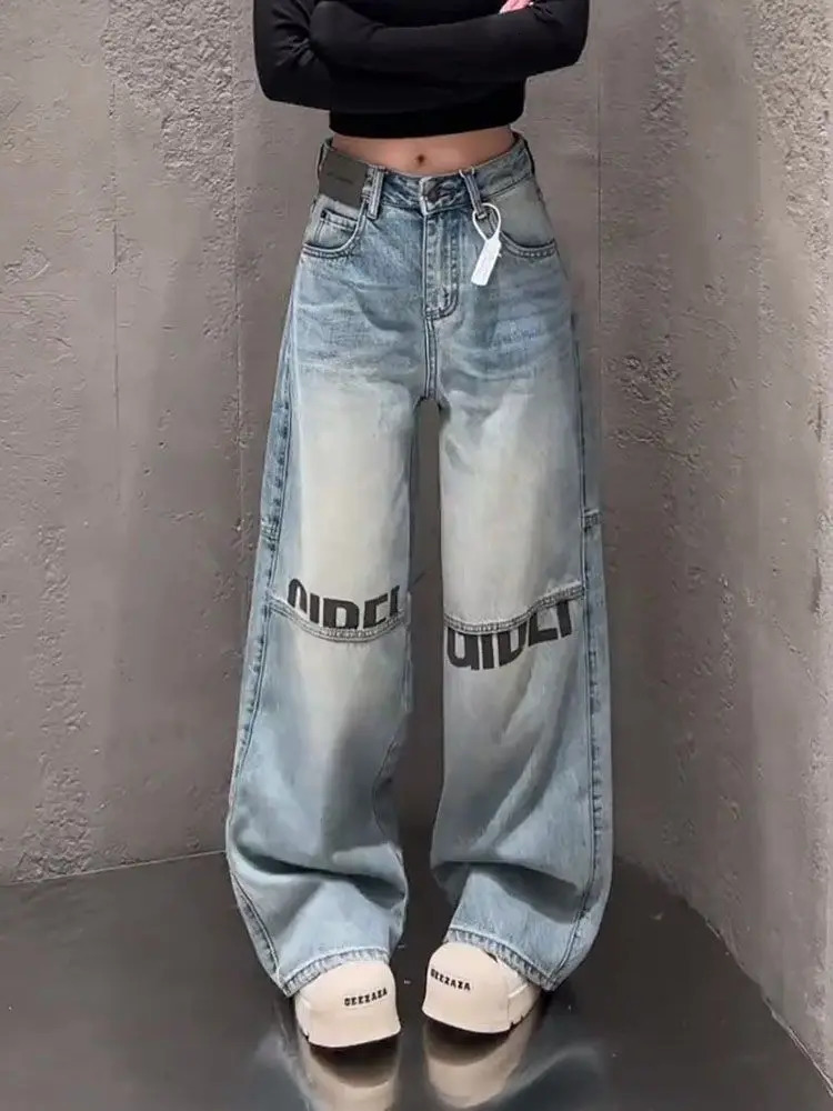 Letter Print High Waited Jeans Woman Street Harajuku Vintage Y2k Pants Women Trousers Casual Wide-leg Baggy Jeans Women 250730