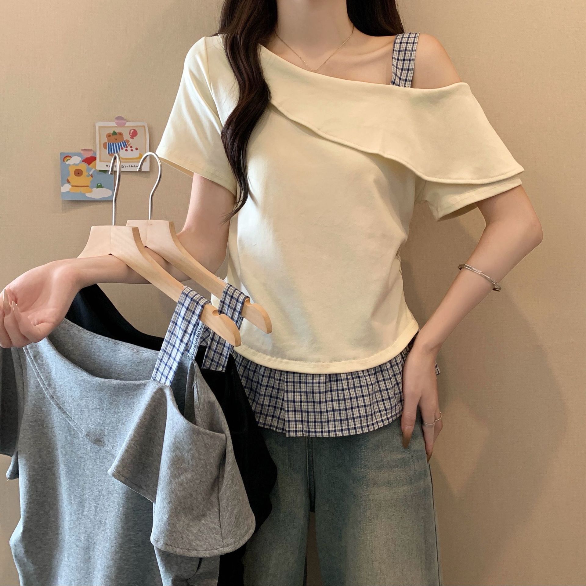 2025 plus size women's S new asymmetrical shoulder slimming waist patch fake two-piece set short sleeved T-shirt fashionable new designer T-shirt