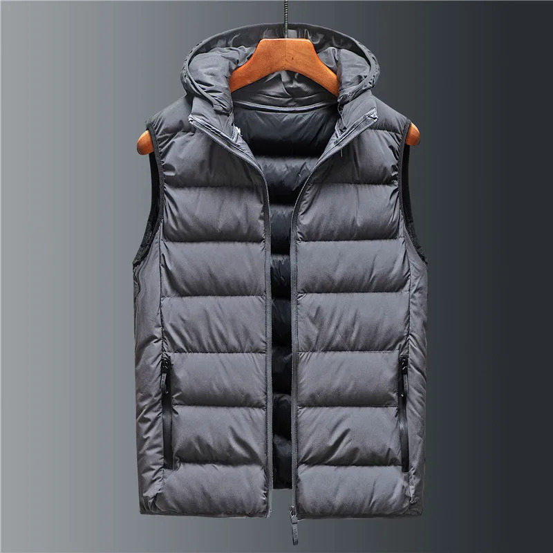 Autumn Winter Mens Down Vest Male Hooded Fashion Trend Zipper Stand Collar Solid Men Windproof Warm Jackets 250730