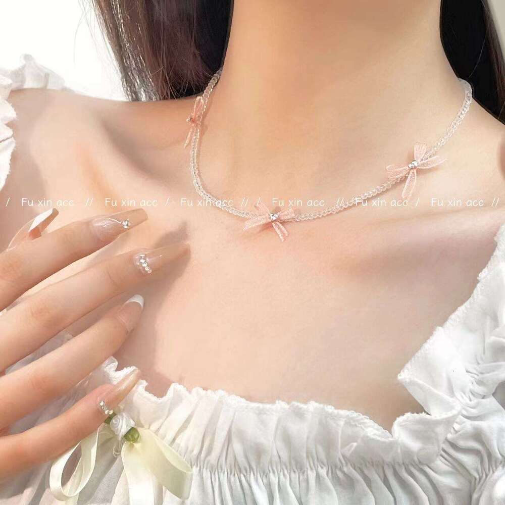 Sweet Girl Sheer Bow Necklace for Women Korean Dongdaemun Collarbone Chain Elegant Versatile Beaded Choker 777