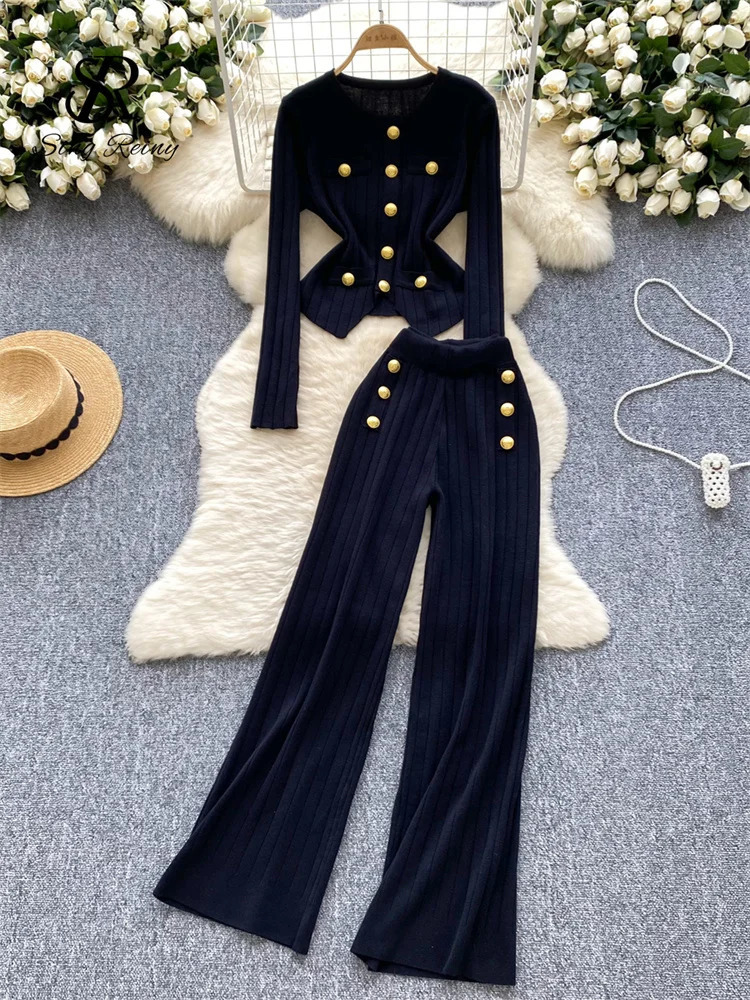 SINGREINY Fashion OL Winter Suits Women Long Sleeves Chic Buttons PulloversElastic Pants Vintage Sweater Two Pieces Sets 250730