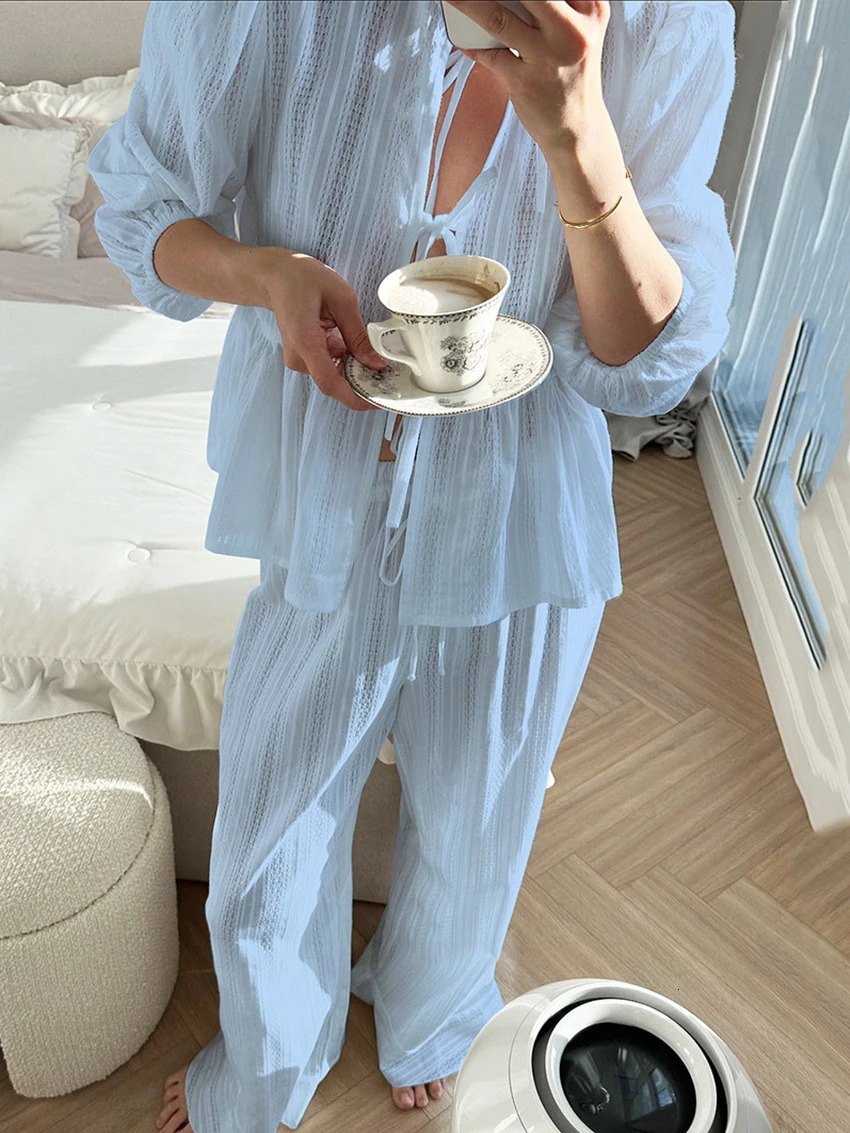 Marthaqiqi Winter Women Pajamas Suit Lace Up Sleepwear Long Sleeve Nightgowns ONeck Nightwear Pants Casual Ladies Home Clothes 250730
