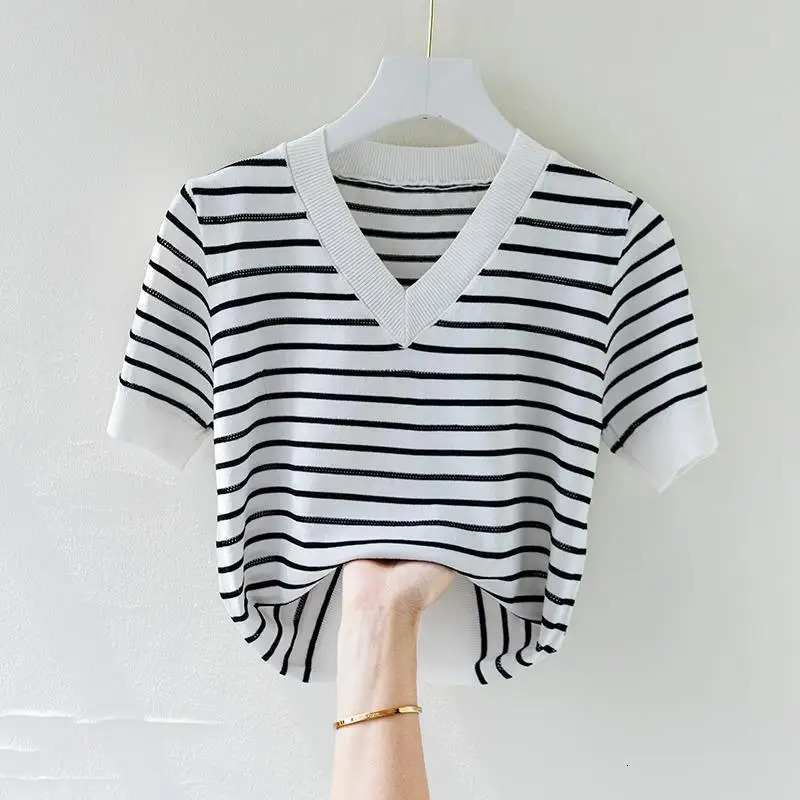 Stripe Versatile Pullover Female Knitted TShirt Summer Short Sleeve VNeck Tees Korean Clothing Fashion Women Casual Tops 2023 250724