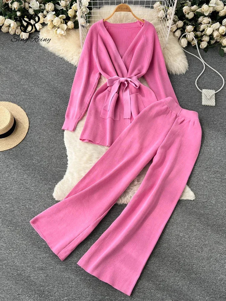 SINGREINY Winter Casual Two Pieces Suits Long Sleeve Knitted Cardigan CoatElastic Waist Wide Leg Pant Female Loose Sweater Sets 250730