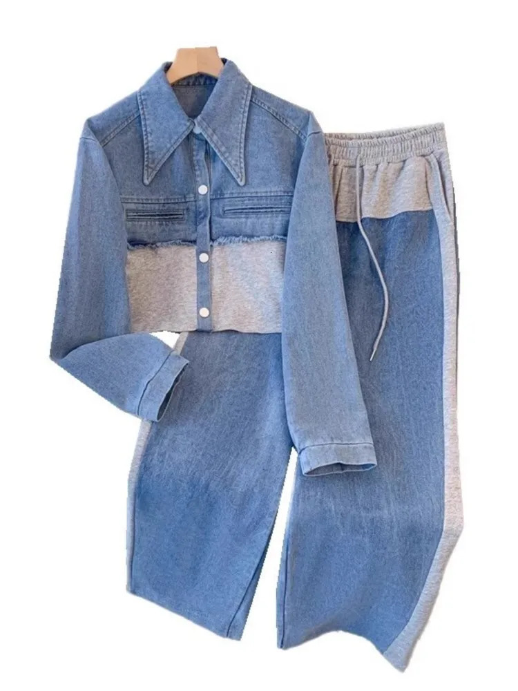Denim Patchwork Pants Sets Women Fashion Long Sleeve Singlebreasted Short Jacket Straight Trousers Two Piece Set Female 250730