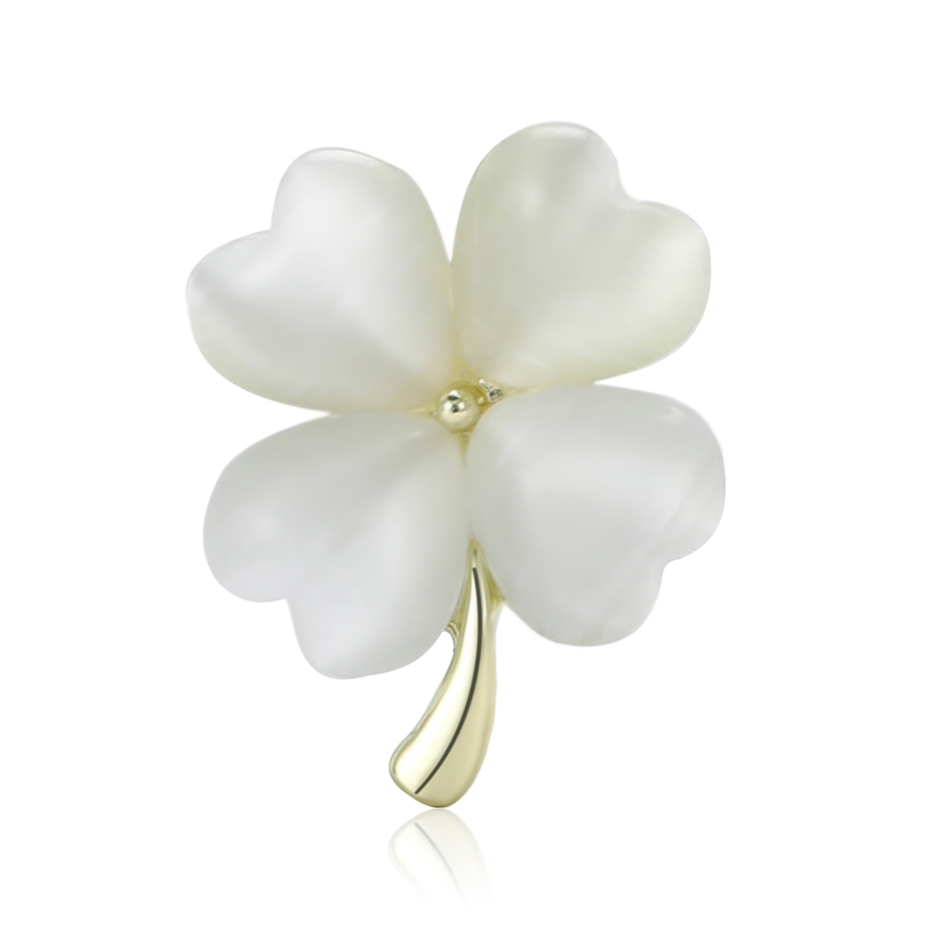 Gold Tone Four - Leaf Clover Brooch With Pearl - Like Petals Elegant Daily Jewelry And Gift For Her High Quality And Stylish Jewelry
