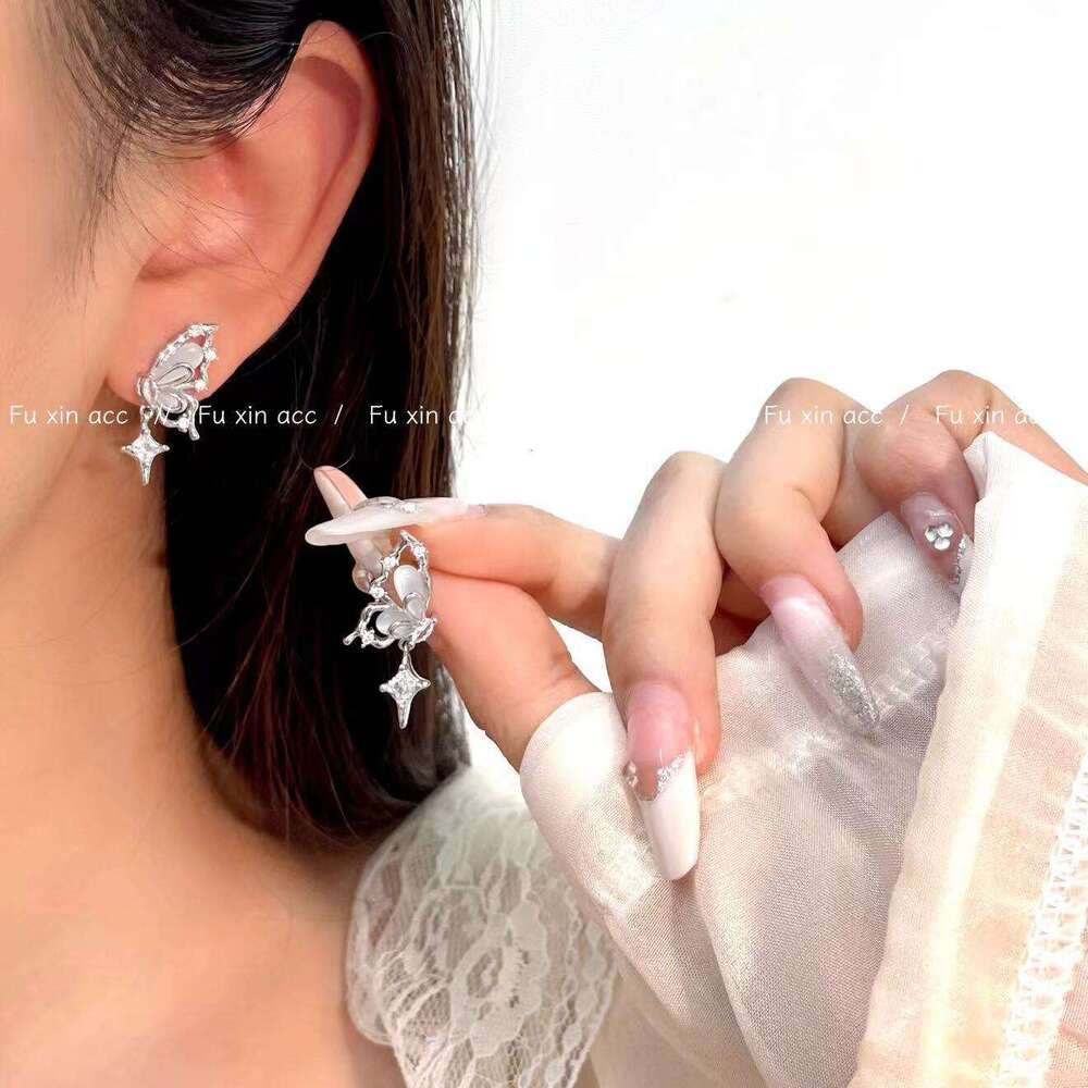 Spring Super Fairy Fantasy Butterfly Imitation Cat's Eye Stone Small and Exquisite Star Zircon Earrings Fashion Versatile Affordable Ear Jewelry 