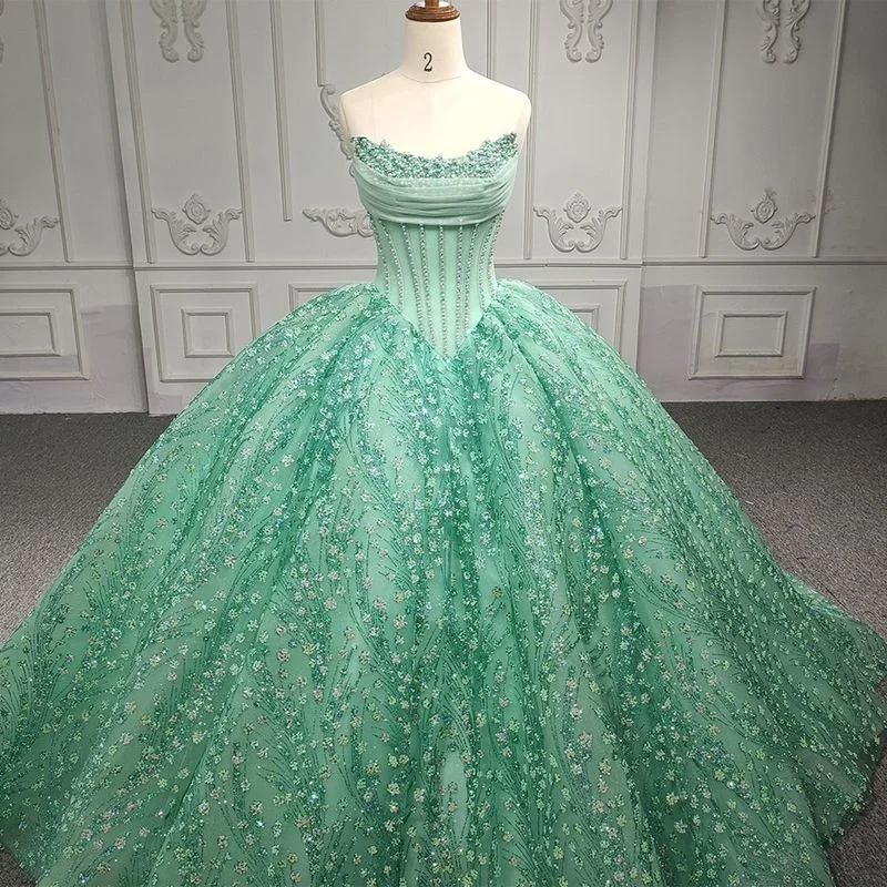 Mint Green Shiny Quinceanera Dresses Off Shoulder Sequin Beading Crystal Tull Sweet 16 Birthday Party Gown Corset Vestidos De 15 Anos