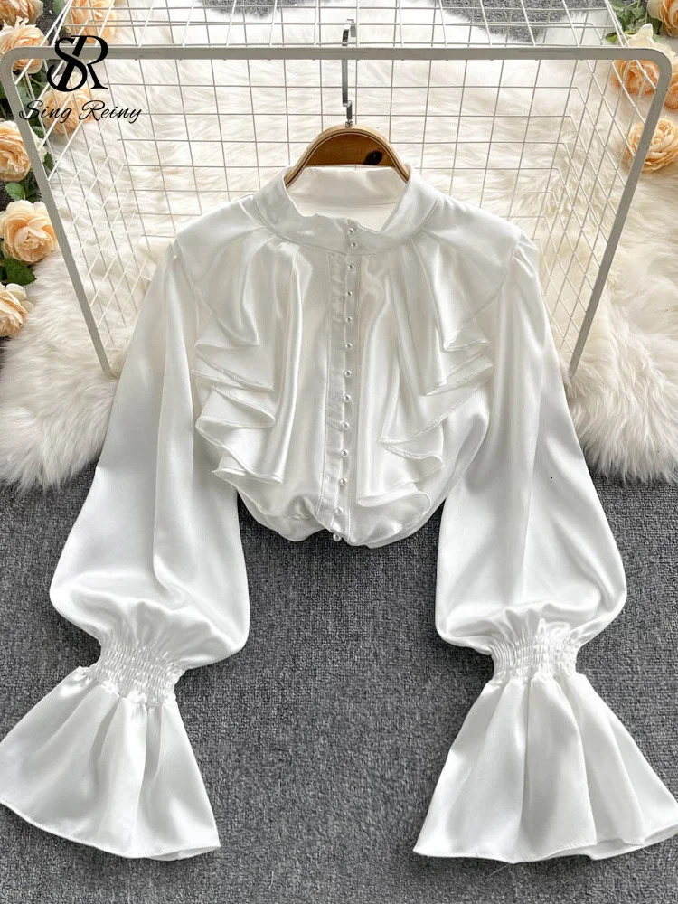 SINGREINY High Quality Satin Loose Shirt Long Flared Sleeves Ruffles O Neck Beading Women Gentle Office Lady Casual Blouse 250724