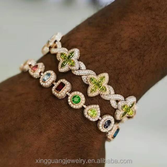 12mm Lucky Clover Bracelet Gold Plated 925 Silver Hip Hop Iced Out VVS Pink Green Blue Diamond Moissanite Bracelet for Gift