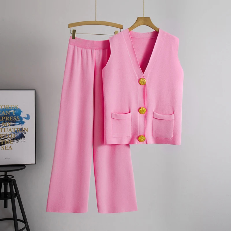 Casual Knit 2 Pieces Suit Women Vneck Sleeveless Single Breasted Slim Tank Wide leg Pants Female Set Spring Summer 250730
