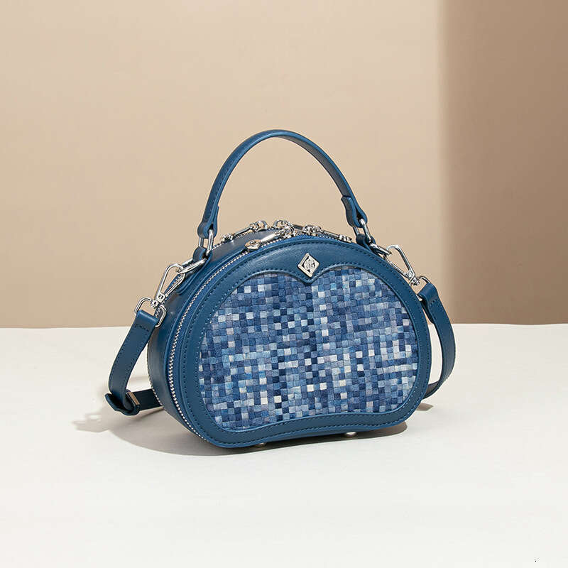2025 New Fashionable Women Unique Style Single Shoulder Crossbody Bag Woven Denim Handbag Studded Round Bag