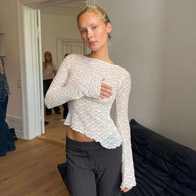 Ytp499 Women's Autumn New Solid Color Lace Asymmetrical Hem Sexy Long Sleeve T-Shirt Top B5