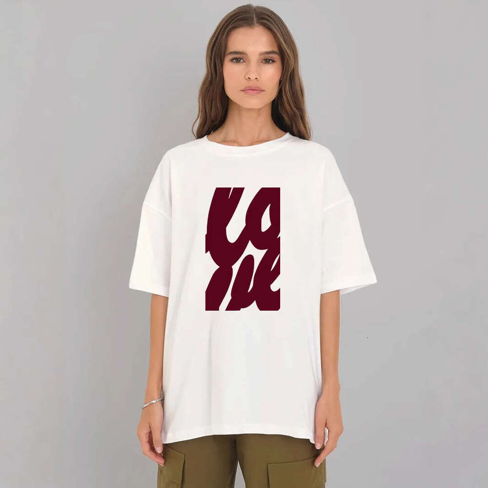 Minimalist Letter Print T-Shirt For Women, Summer Versatile Loose Round Neck Pure Cotton Short Sleeve Top B5 h6