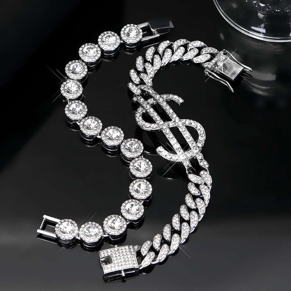 Dia-encrusted Dollar Sign Fashion Creative Classic Personality Cuban Chain Bracelet Jewelry Set