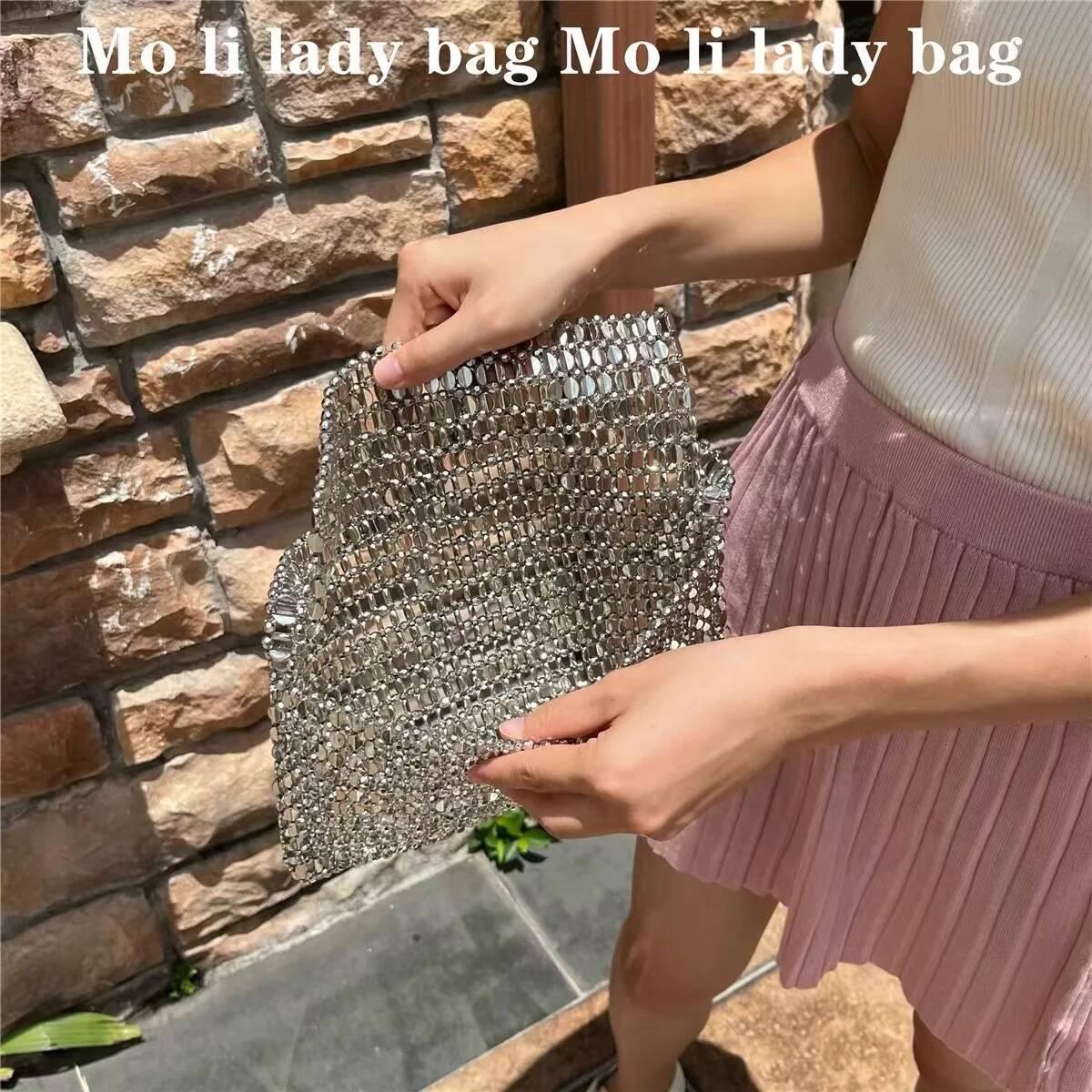 Glitter Shiny Sier Beads Beading Woven Handmade Square Hollow Out Women Fashion Handbag Shoulder Female Casual Bag