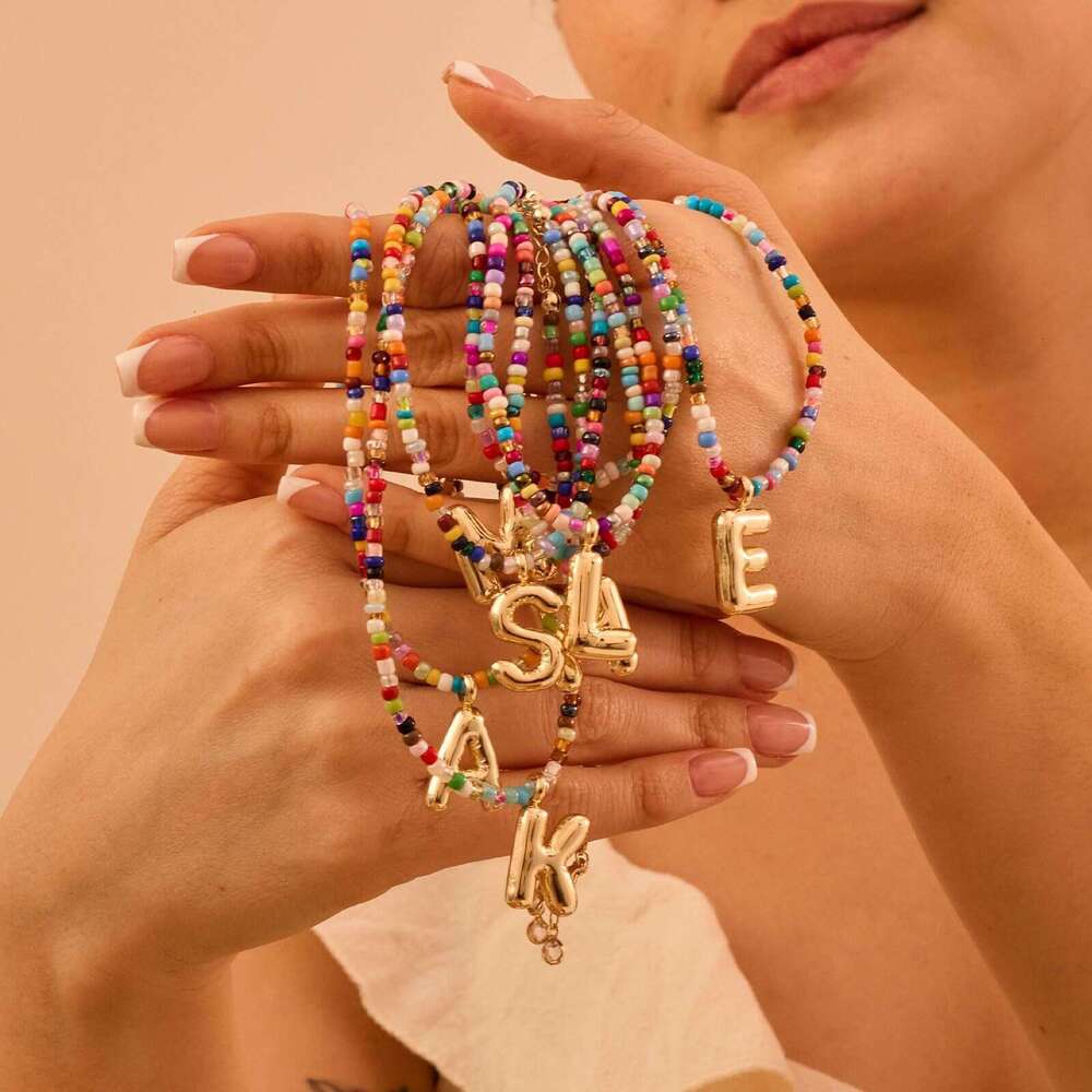 Vacuum Gold Plated Stainless Steel Colorful Rice Beads 26 Necklace Bubble Letter Pendant
