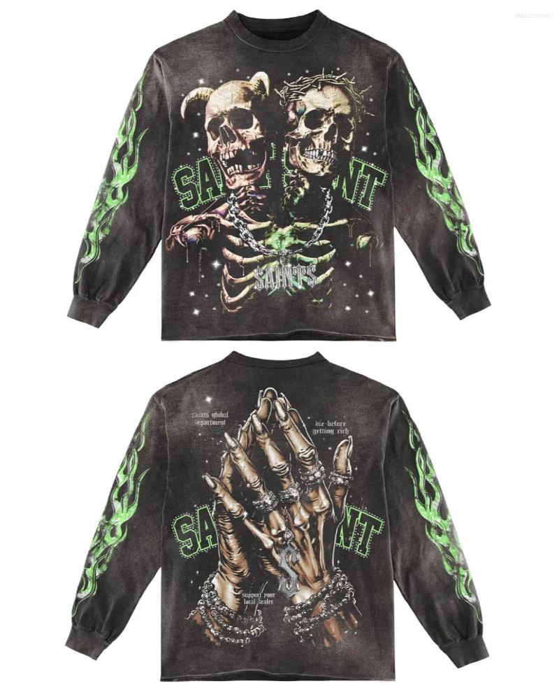 Men's Hoodies Skull Green Flame Graphic T Shirts Streetwear Men Oversized Shirt Vintage Harajuku Crew Neck Black Cotton Long Sleeve Tops