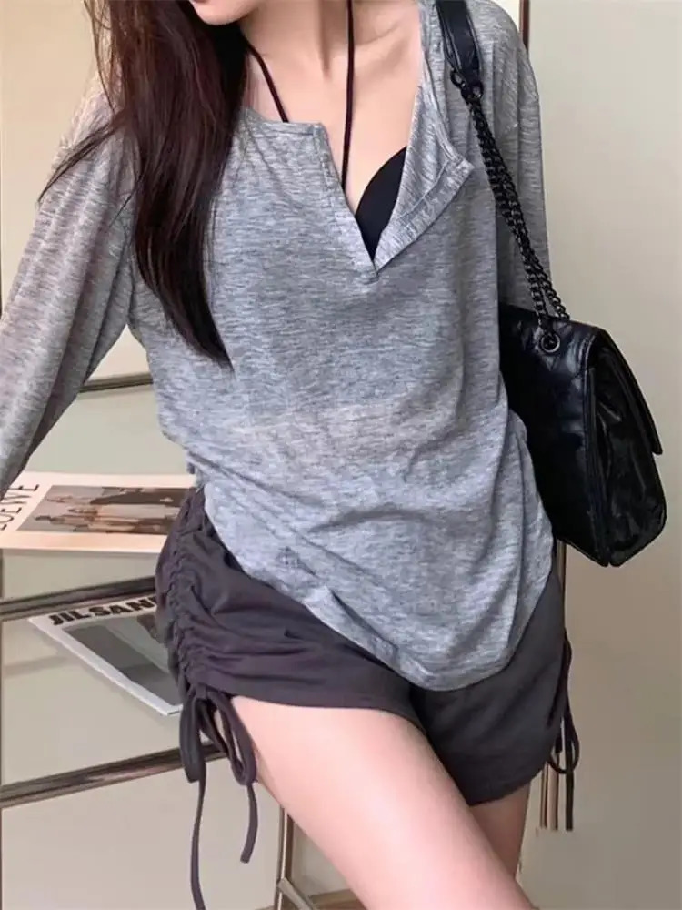 Girls Solid Casual Long Sleeve Tshirt Womens Smock Tops Sexy Thin Transparent Tee Shirts Korean Loose Streetwear 250729