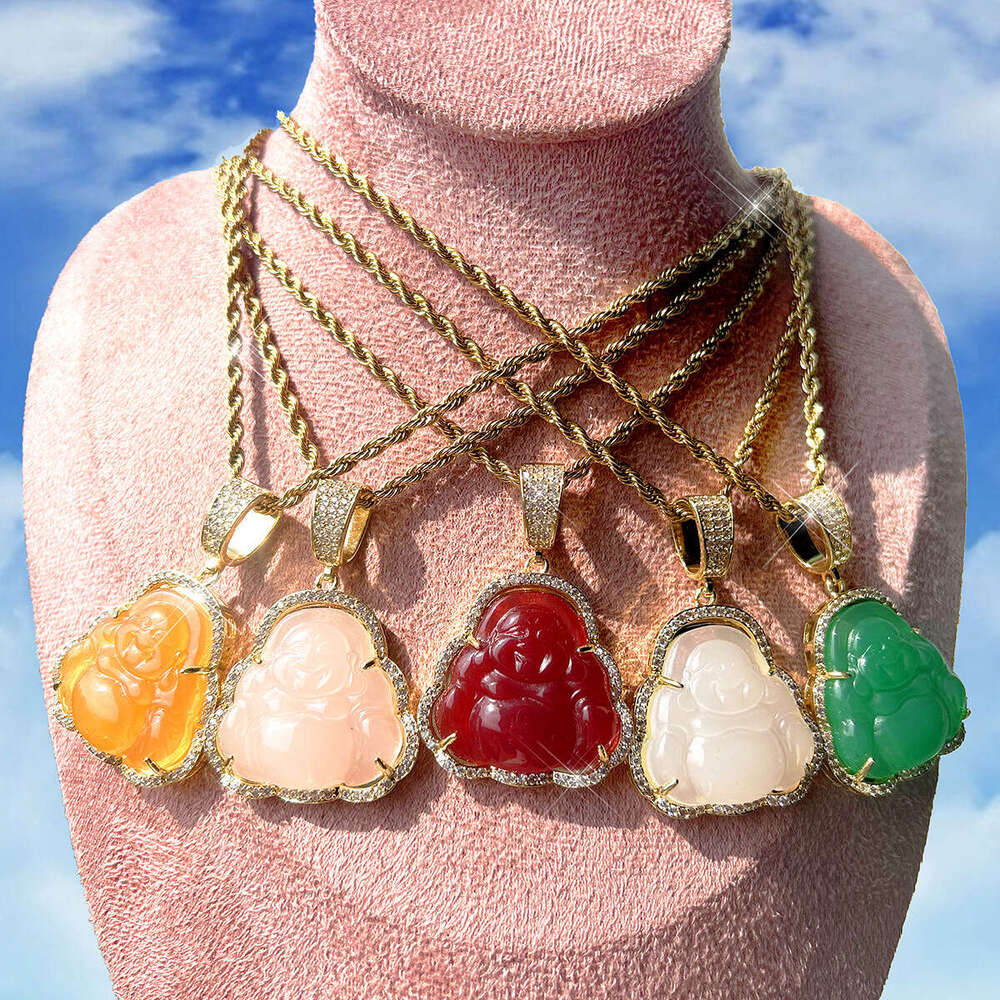 Maitreya Bright Gold Inlaid Agate Big Buddha Zircon Pendant Colorful Resin