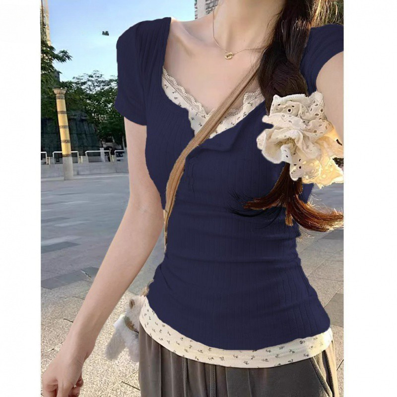 2025 lace trimmed spring and summer vacation two-piece pure desire spicy girl regular shoulder top fashionable new designer T-shirt