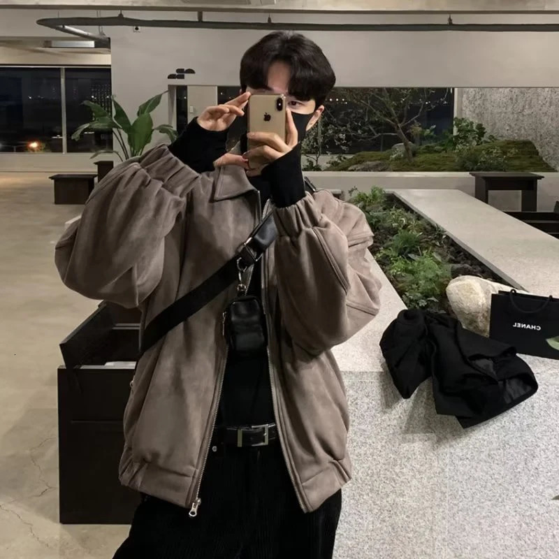 Mens Jacket Suede Vintage High Street Lightweight Long Sleve Outerwear Spring Autumn Fashion Streetwear Coat Man Clothes 250730