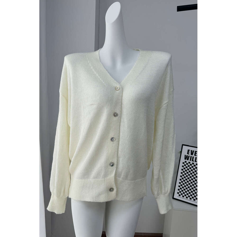 Autumn New Soft Mohair V-Neck Hollow Cardigan For Women, Elegant Lazy Style With Shell Buttons And Lantern Sleeves Sweater Coat B5