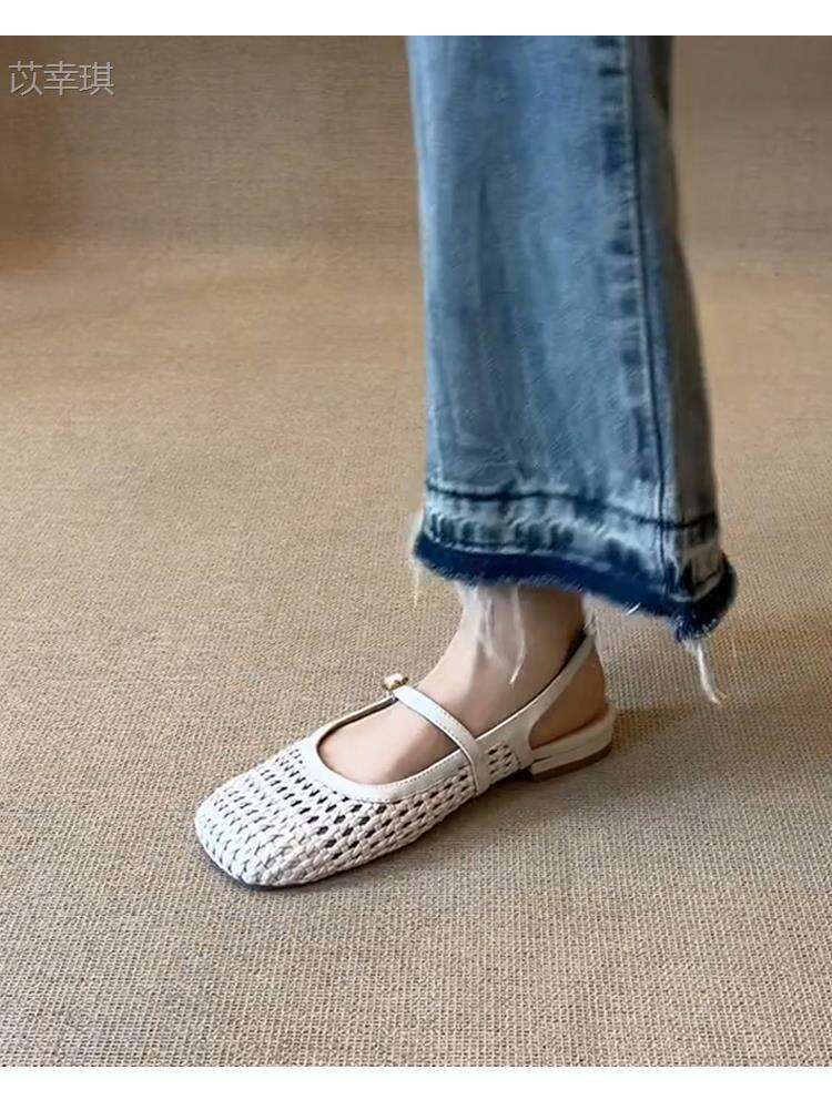 Sheepskin Fashion Woven Hollow Breathable Closed-Toe Sandals for Women Comfortable One-Strap Genuine Leather Square-Toe Roman Shoes