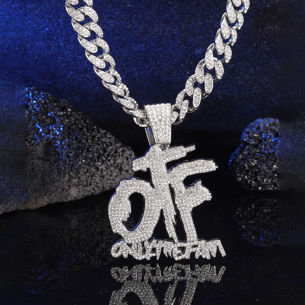 New Alloy Cuban Chain Hip Hop Full Rhinestone OTF Letter Necklace Pendant Fashion Straight Hair