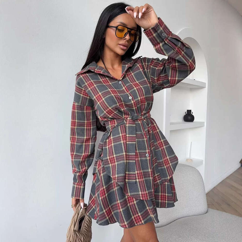 New Fashion Casual Plaid For Women, Turn-Down Collar Loose Shirt With Belted Waist And Half Skirt Two-Piece Set B5