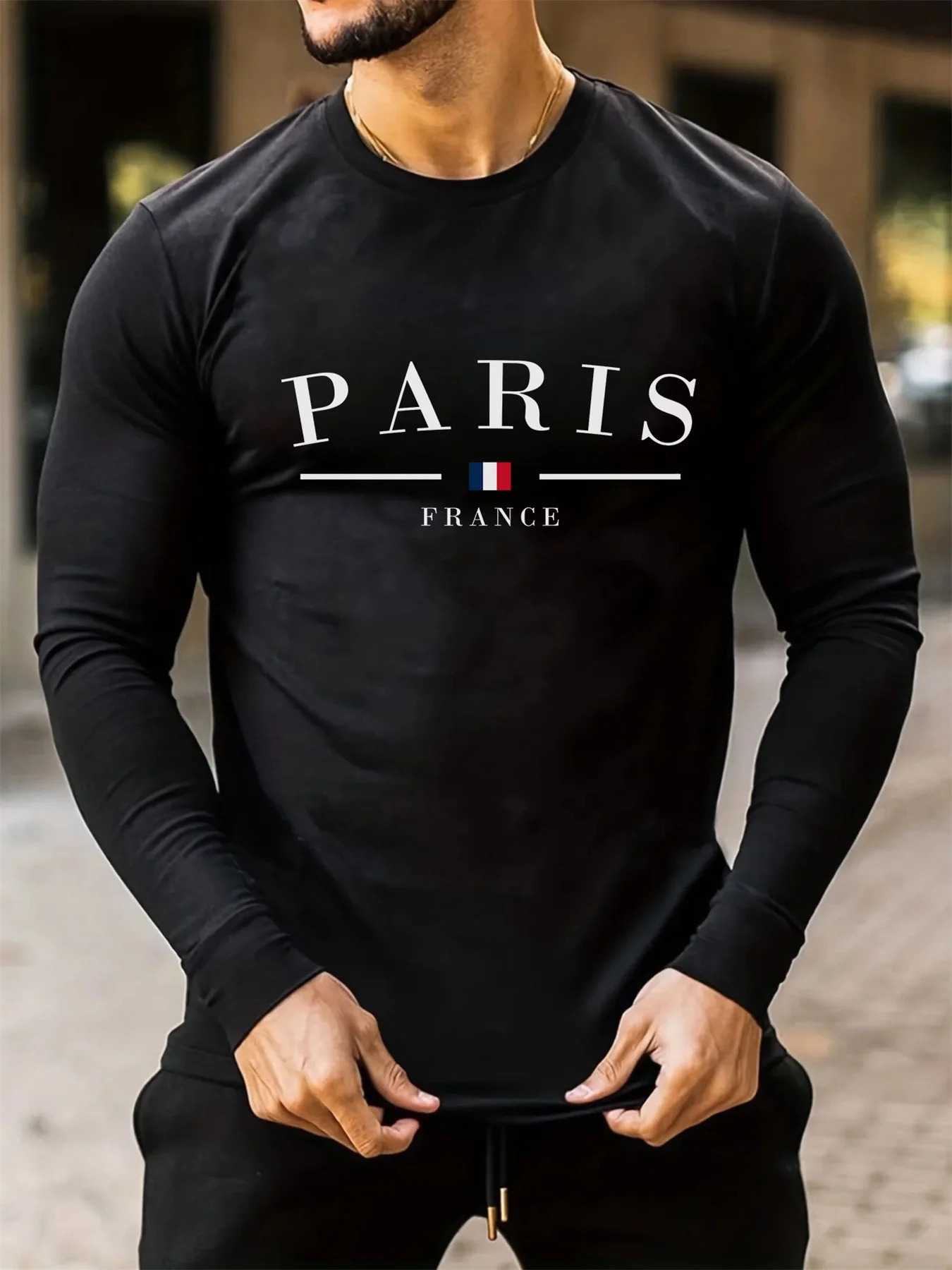 Mens 100% pure cotton comfortable casual loose oversized Paris France pattern printed round neck long sleeve Tshirt top 250729