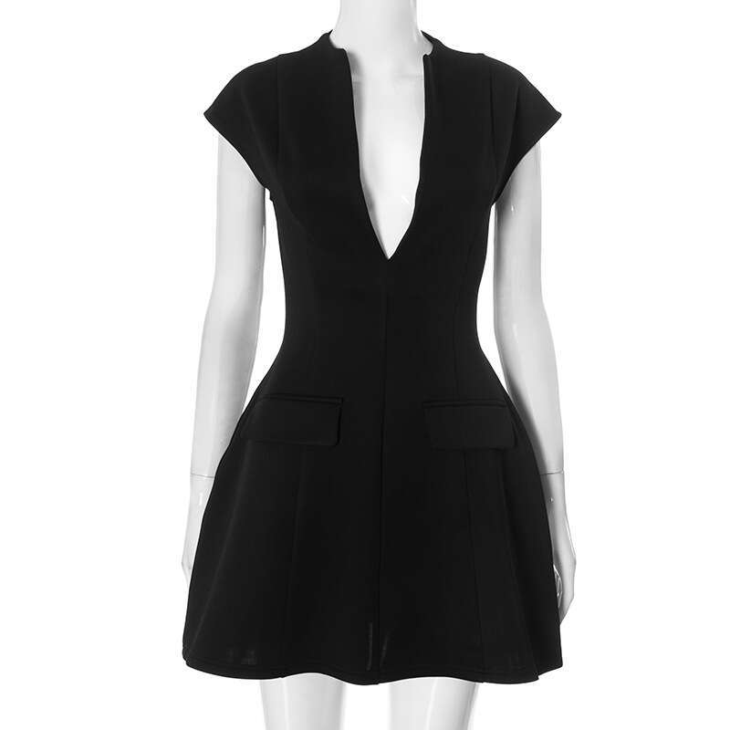 Yds671 Women's Autumn Winter Deep V-Neck Small Flutter Sleeve Pullover Fake Pocket Waist-Cinching Pleated Dress B5