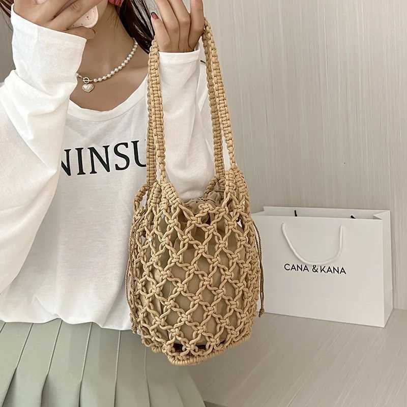Summer Beach Bag For Women Mesh Rope Knitted Bucket Shoulder Bags Reticulate Hollow Travel Shopper Totes Ladies Fashion Handbag Y250729