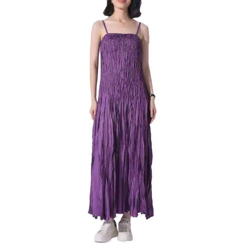 Fashion Handmade Strap Dress For Women High Waist Solid Color Pleated Sling Long Dresses Female Summer New