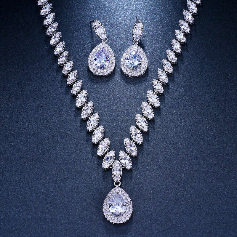 Hot-selling Multi-color Zircon Earrings Necklace High-grade Temperament Design Sense Water Drop Shape Evening Party Jewelry Set