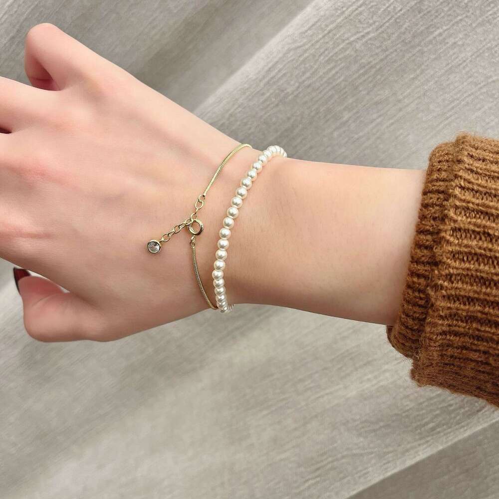 Exquisite Gold Sier Square Snake Bone Round Chain Zircon Pendant Pearl Bubble High-end Sense Wrapped Bracelet f15