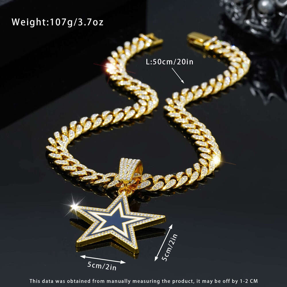 Jewelry Unisex Hip Hop Cuban Chain Fashion Full Dia Blue Pentagram Necklace Pendant