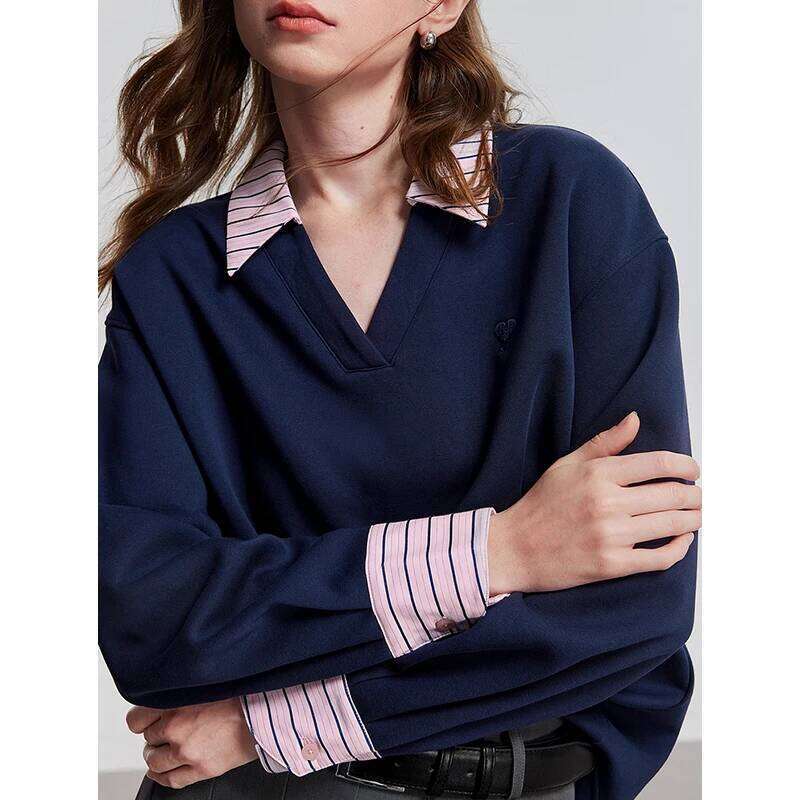 TOYOUTH Women Hoodies Sweatshirt 2025 Spring New V Neck Contrasting Color Splicing Fake Two Piece Pullover Tops 250728