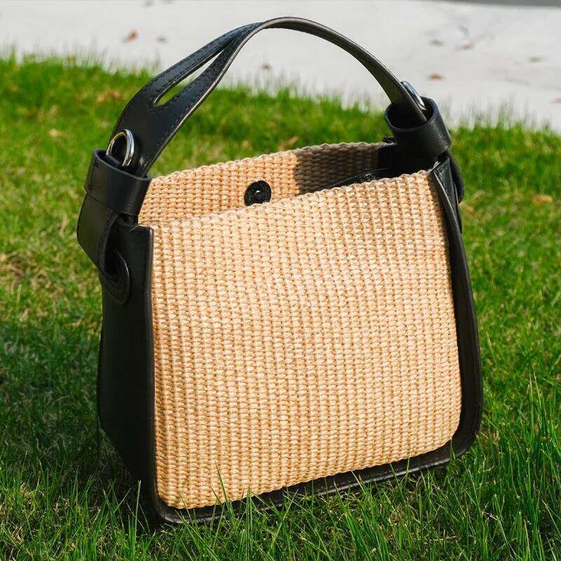 2025 Designer Women Patchwork Genuine Leather Woven Straw Handbags New Tote Lady Trendy Adjustable Strap Shoulder Bag