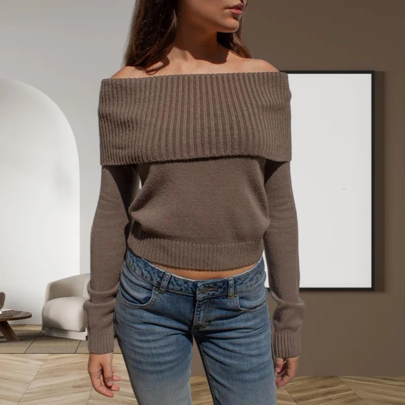 1990s Fairycore Sweater Women Aesthetic Clothes Folding Off Shoulder Long Sleeve Knitted Crop Tops 2000s Clothing Streetwear 250723