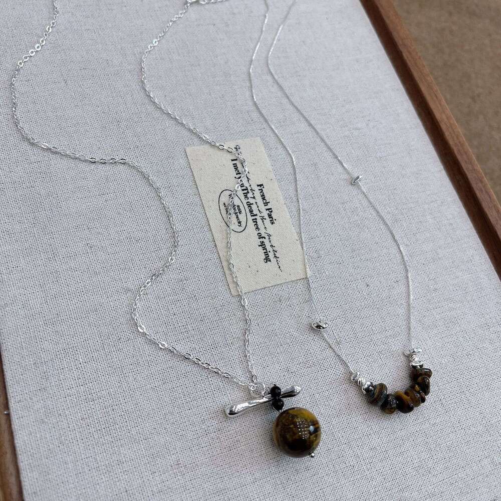 Natural Round Tiger Eye Stone Necklace Melad Elegant Long Sweater Chain for Women Niche Fashionable High-end Simple Accessories e4a