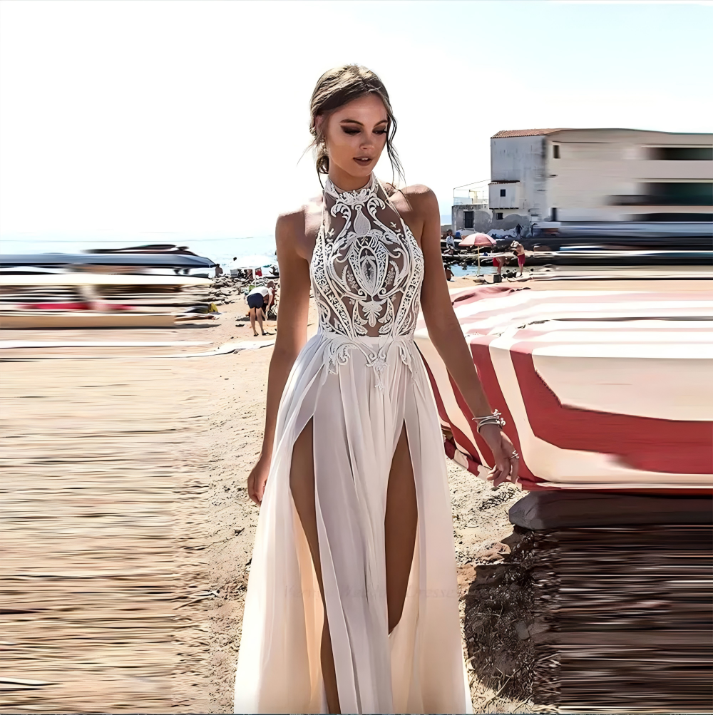 2023 Summer Beach Wedding Dresses Boho Bride Gowns Sexy High Side Slit Halter Lace Top Chiffon Skirt Long Backless Bridal Dress