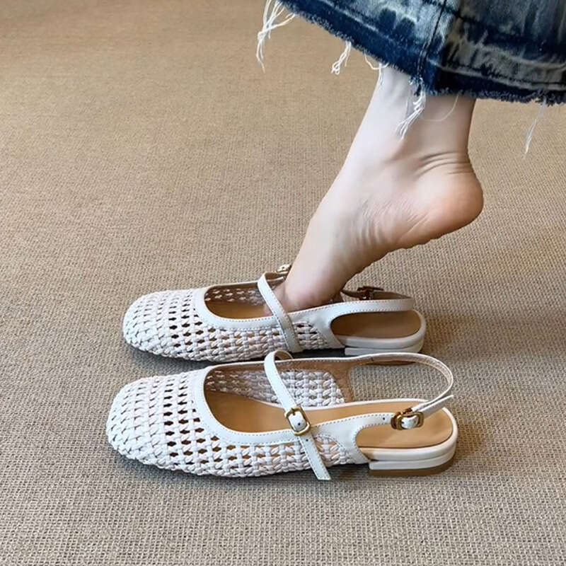 Sheepskin Fashion Woven Hollow Breathable Closed-Toe Sandals for Women Comfortable One-Strap Genuine Leather Square-Toe Roman Shoes