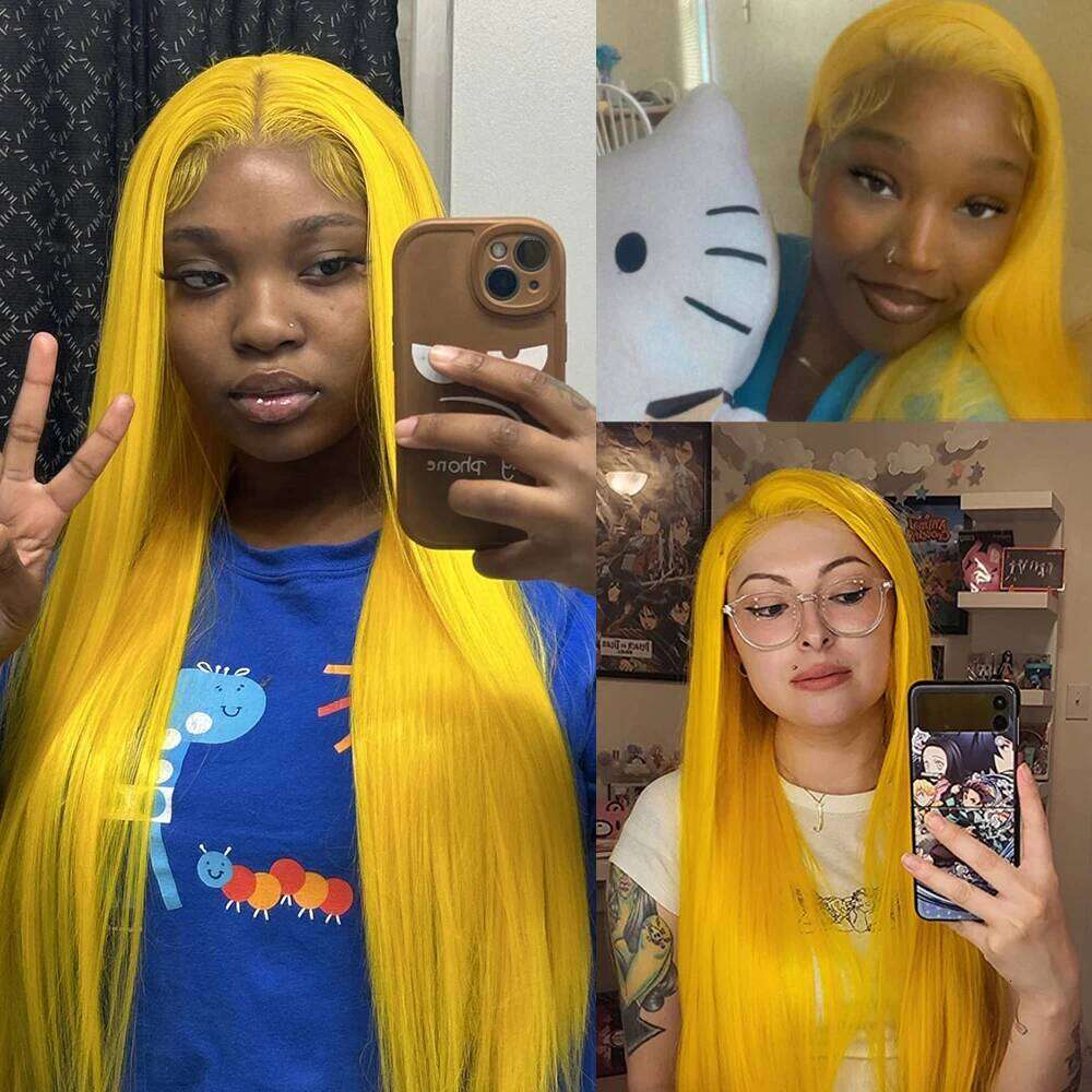Wig Synthetic Front For Women Long Silky Straight Lace Human Hair Middle Lemon Yellow Wigs Cosplay Part