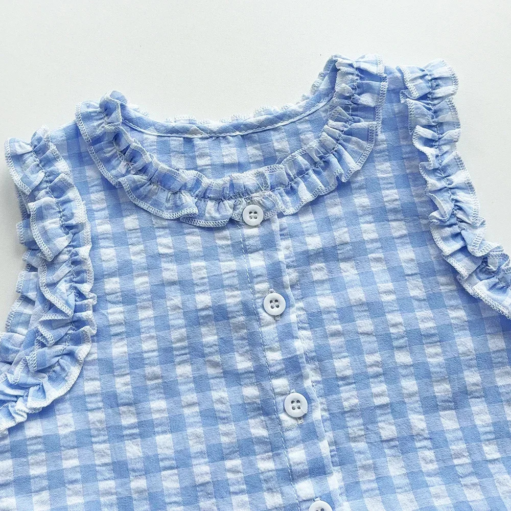 Blue and White Grid Fresh Casual Girls Clothing Lace Sleeveless Single Breasted Vestwide Leg Pants Two-piece Set for Summer 250729