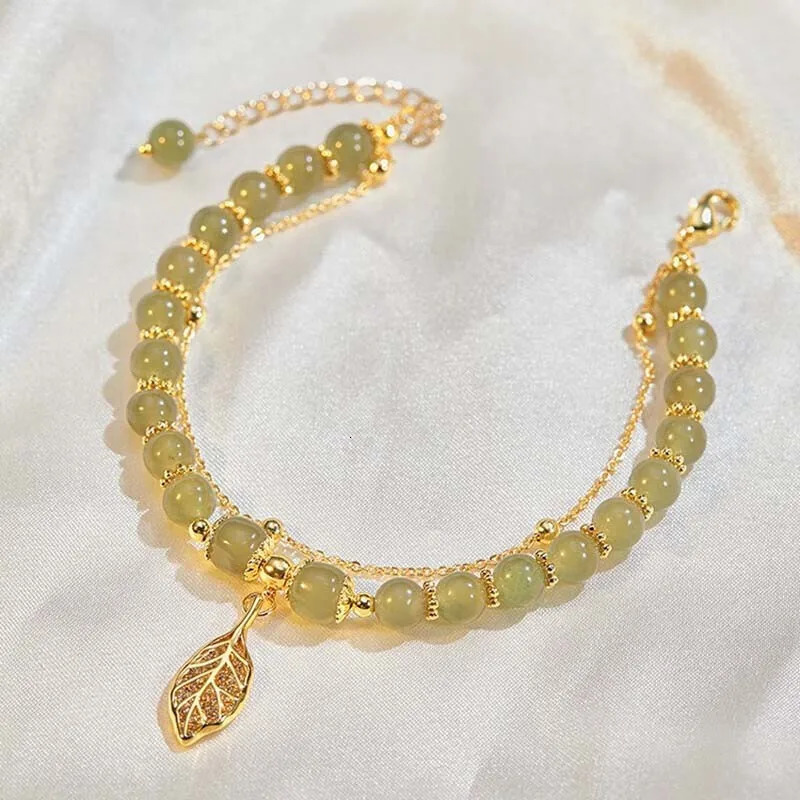 Chinese Style Green Hetian Jade Bracelet For Women Vintage Gold Color Leaves Double Layer Beaded Jewelry Gifts 250729