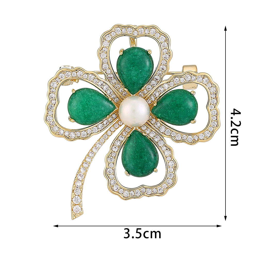 Silver Tone Rhinestone - Encrusted Four - Leaf Clover Brooch With Green Teardrop Gemstones And Pearl Center Elegant Daily Jewelry And Gift For Her Hig