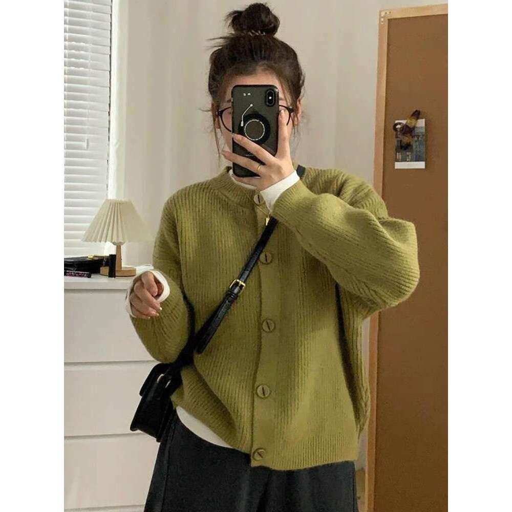 Autumn Winter New Lazy Style Korean Version Cardigan For Women Soft Sheep Wool Ribbed Button Sweater Dark Gray B5