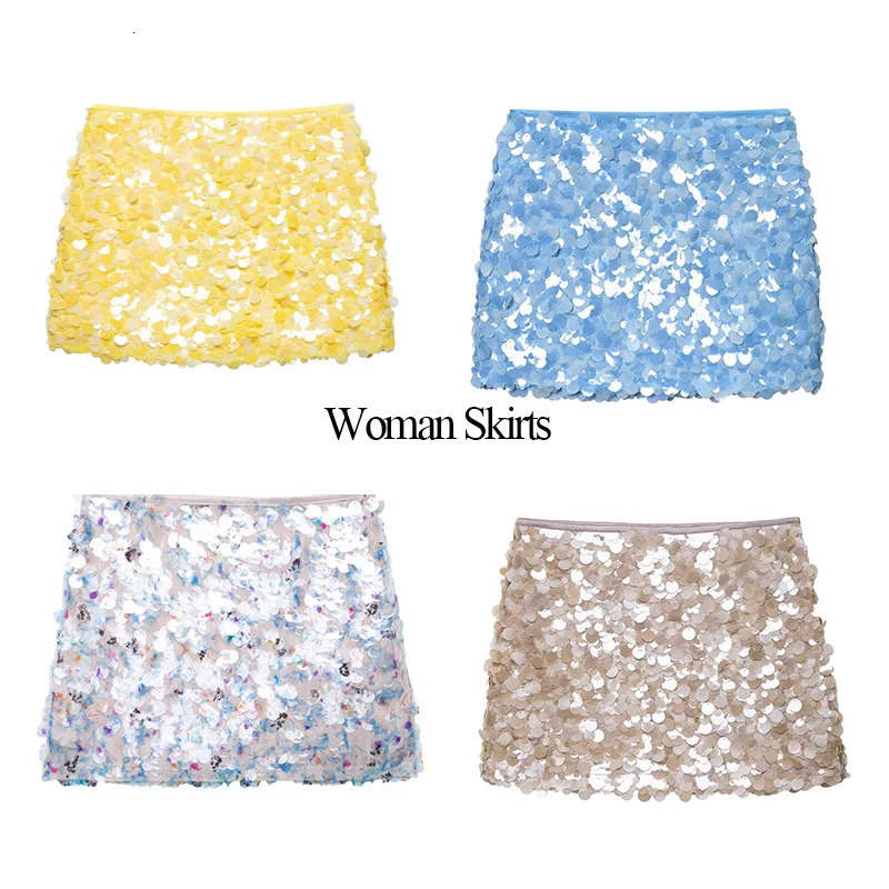 TRAFZA Women Fashion Solid Sequins Mini Skirt Slim Casual High Waist Side Zipper Skirts Mujer Summer Sweet Style 250730